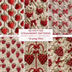 Naadloze 3D-gebreide aardbeienpatronen | Namaakgebreid herhalend patroon Fruit | Digitaal papier met textuur en textuur | Cottagecore-patroon lente