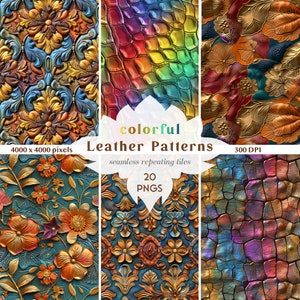 Padrões sem costura de couro 3D, papéis digitais de couro floral pngs, padrões e texturas gravados ocidentais, scrapbooking, papéis de junkjournaling