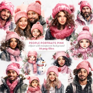 Portraits de personnes Clipart de Noël rose | Portrait de famille Clipart | Noël Famille Clipart Belle femme Hiver Clipart | Noël pour les enfants