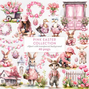 Rosa Ostern Aquarell Clipart Sammlung | Girly Ostern PNGs | Cottagecore Bauernhaus Ostern Clipart | Osterhase Clipart digitaler Download