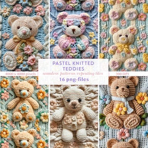 Padrão sem emenda de ursinhos florais de malha 3D | Teddy de padrão de repetição de malha falsa | Páscoa papel digital PNG floral primavera cottagecore padrão