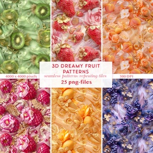 3D Dreamy Früchte nahtlose Muster | 3D nahtlose Fruchtmuster | Sommer digitales Papier PNGs | Nahtloses Blumenmuster mit Sommerfrüchten