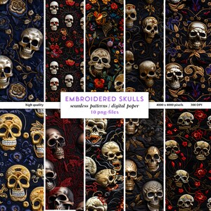 Schedel borduurwerk naadloos patroon 10 PNGs | Herhalende digitale papier geborduurde schedels Halloween print idee | Naadloze borduurbestand schedel