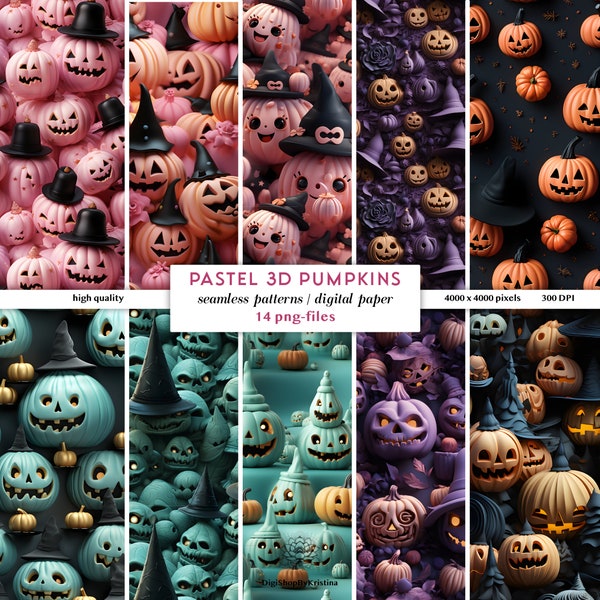 3D Pastel Halloween Seamless Patterns 14 PNGs | Repeating Digital Paper Pumpkin Halloween Prints | Seamless Pastel Pumpkin 3D Tumbler Design