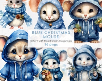 Süße blaue Weihnachtsmaus Clipart | Blau Aquarell Weihnachten | Mädchenhafte Weihnachten | Süße Weihnachtstiere Clipart | Blau WinterClipArt