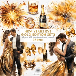 Gold Silvester Clipart Set 2 | Frohes neues Jahr Clipart | Gold-Party-Clipart-Set | Jubiläumskartenherstellung Gold PNGs | Gold Maskenball