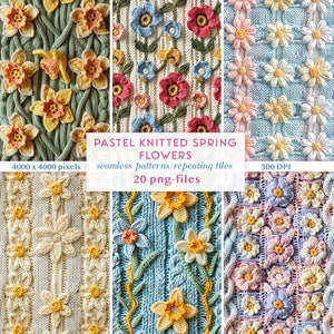 3D gestrickte Frühlingsblume nahtloses Muster | Faux-Strick-Muster florale Ostern | Ostern Digitales Papier PNGs | Florales Frühlingsmuster