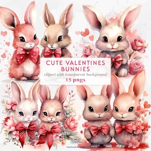 Clipart di coppia di coniglietti di San Valentino carino / Clipart di San Valentino Animali carini / Coniglietto dell'acquerello con cuori / Animali clipart di anniversario