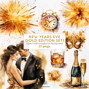 Gold New Years Eve Clipart Set 1 / Feliz Año Nuevo Clipart / Gold Party Clipart Set / Tarjeta de aniversario haciendo PNGs dorados / Gold Mask Ball Pngs