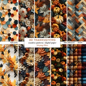 3D Thanksgiving Patterns| Repeating Digital Paper Pumpkin Flowers Prints | 3D Autumn Flowers | Digital Fall Papers Seamless |3D Abstract PNG