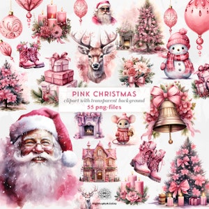 Pink Christmas Clipart Collection | Pink Watercolor Christmas Bundle | Girly Christmas PNGs | Cute Christmas Clipart Bundle | Pink Winter