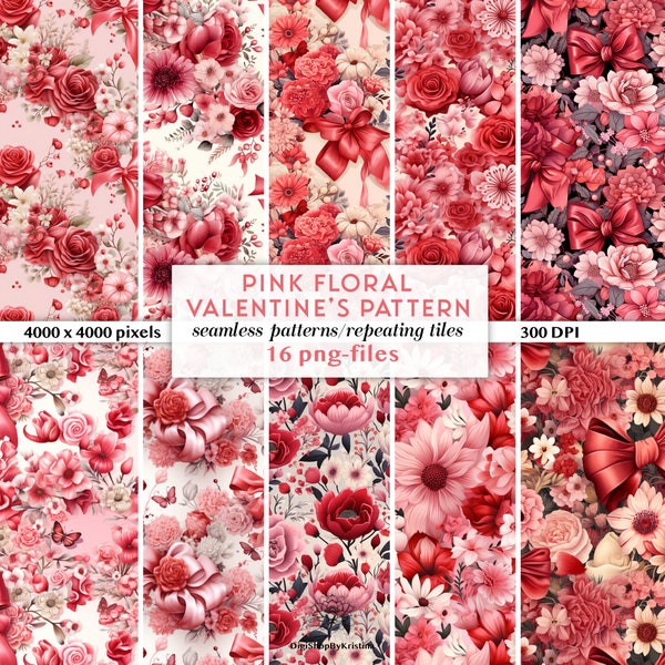 Pink Valentine's Flowers Seamless Pattern | Girly Valentine's Day Pattern | Valentine's Day Digital Paper PNGs | Floral Repeating Patterns