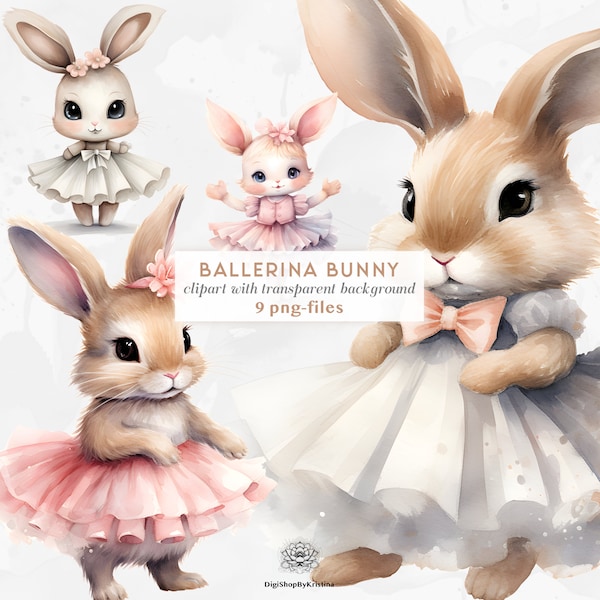 Süße kleine Ballerina-Hasen Clipart-Set | Aquarell Hase Pngs | Tutu Hase Clipart | Mädchenhaftes Kinderzimmerdekor in Pastell & Neutral