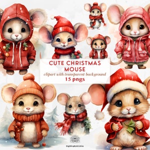 Clipart de rato de Natal vermelho fofo | Natal em aquarela vermelha | Natal feminino | Clipart de animais fofos de Natal | Conjunto de clipart vermelho de inverno