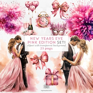 Roze oudejaarsavond clipart set 1 | Gelukkig Nieuwjaar Clipart | Roze partij clipart set | Verjaardagskaart roze PNG's maken | Roze maskerbal png