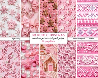 3D Pink Christmas Digital Papers | Pink Christmas Seamless Patterns Mix | Christmas Pattern Mix | 3D Textures like Embroidery, Knits & more