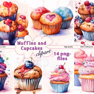 Watercolor Muffin and Cupcake Clipart Mix Pretty and unique cupcakes Baking Clipart Sweets Clipart Dessert commercial use Clipart Bundle