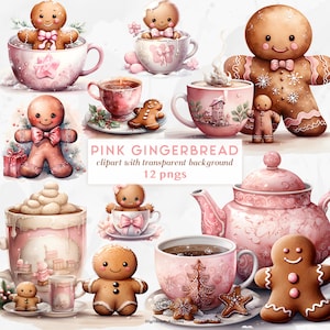 Süßer rosa Weihnachts-Lebkuchenmann in Teetasse Clipart | Rosa Aquarell Weihnachten | Girly Weihnachtsclipart | Rosa Winter-ClipArt-Download