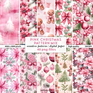 Rosa Weihnachtspapiere Digitaler Download | Girly Weihnachten nahtlose Muster | Aquarell-Weihnachtsmuster-Mix | Bäume Kugeln Blumen und mehr