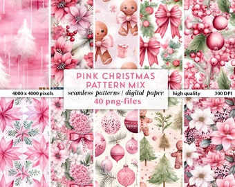 Pink Christmas Digital Papers | Girly Christmas Seamless Patterns Mix | Watercolor Christmas Pattern Mix |  Trees, Ornaments, Flowers & More