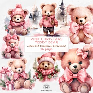 Clipart di orsacchiotto di Natale rosa carino / Natale in acquerello rosa / Natale per ragazze / Natale in acquerello carino / Set di clip art invernali rosa