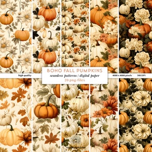 Boho Otoño Calabaza Patrón sin costuras / Calabazas de papel digital / Boho Calabazas Papel Descargar / Fondo sin costuras Calabaza Temática Archivos retro