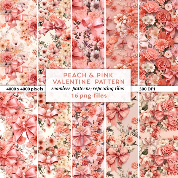 Peach Valentine's Flowers Seamless Pattern | Girly Valentine's Day Pattern | Valentine's Day Digital Paper PNGs | Floral Repeating Patterns