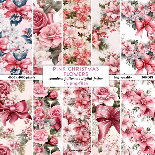 Pink Christmas Flowers Digital Papers | Girly Christmas Seamless Pattern | Pink Winter Wonderland Seamless Pattern | Floral Christmas Papers