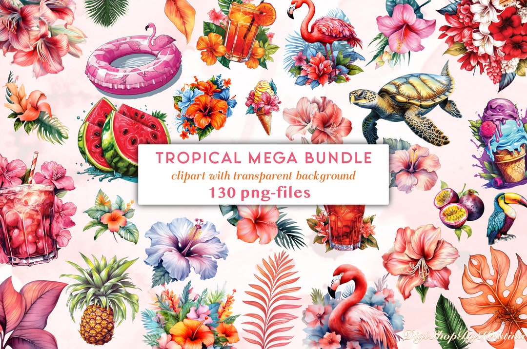 TROPICAL MEGA BUNDLE Clipart Set 130 Png Files | Tropical Summer ...
