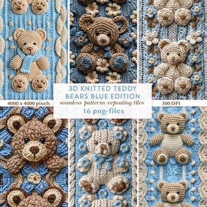 3D gestrickte blaue Teddys nahtloses Muster | Faux Knit Repeating Pattern Teddy | Teddybär Digital Paper PNG Floral | Baby Boy Patterns Blau