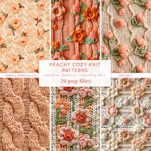 3D gestrickte Pfirsich nahtlose Muster | Faux-Strick-Wiederholungsmuster Ostern | gestrickt Digitales Papier PNGs | Florales Frühlingsmuster