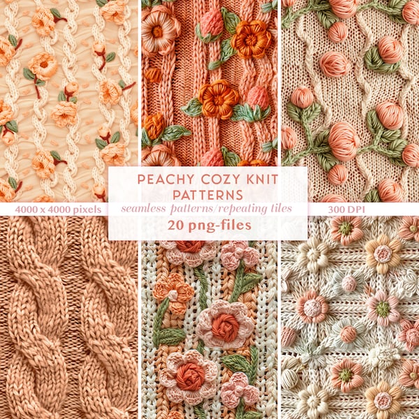 3D Knitted Peachy Seamless Patterns | Faux Knit Repeating Pattern Easter | Knitted Texture Digital Paper | Floral Spring Cottagecore Pattern