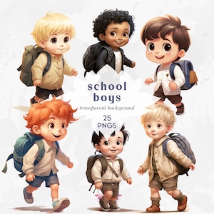Clipart de niños de la escuela / Clipart de regreso a la escuela / Clipart de niño lindo / Descarga digital de decoración de guardería de otoño Niño con mochila PNG / PNG para niños