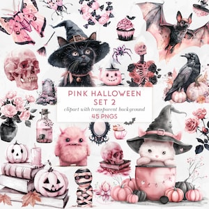 Pastel Pink Halloween Clipart Set 2, Pink Halloween pngs, Witch, Ghost, Bat, Spooky Halloween Clip Art, Cute Halloween, Watercolor halloween