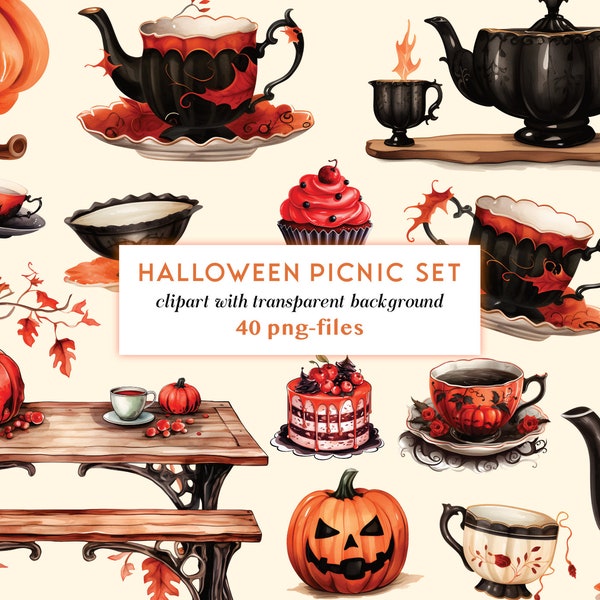 Autumn Clipart Picnic Set | Halloween Themed Clipart PNGs | Teacup Sets Clip Art | Invitation Clipart Set Tea And Dessert | Pumpkins & more