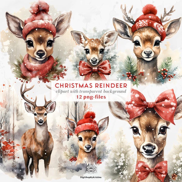 Cute Red Christmas Reindeer Clipart | Red Watercolor Christmas | Classic Christmas | Cute Christmas Animals Clipart | Red Winter Clip Art