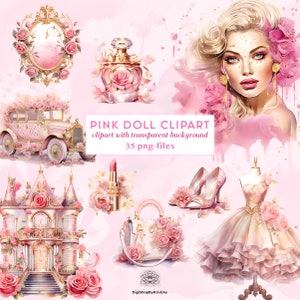 Conjunto de clipart de boneca rosa | Clipart feminino rosa decoração de quarto infantil fundo transparente PNGs | Conjunto de clipart de boneca aquarela | Tema Rosa PNG