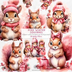 Mignons petits écureuils d’hiver Clipart Set | Aquarelle Écureuil Pngs | Animaux d’hiver Clipart | Téléchargement numérique de Noël écureuil Clipart