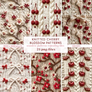 3D gestrickte Kirschblüten nahtlose Muster | Faux-Strick Kirschen Muster | gestrickt Digitales Papier PNGs | Florales 3D Blumenmuster PNGs