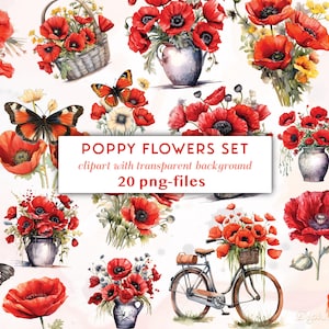 Ensemble de cliparts aquarelle fleurs de pavot | Fleurs rouges PNG | Bundle de fleurs de coquelicots rouge vif à téléchargement immédiat | Décoration de chambre d'enfant, art floral et png