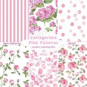 Papel digital floral rosa aquarela sem costura | Bonito gasto chique papel para impressão rosas rosas hortênsias peônias scrapbook papel lixo diário