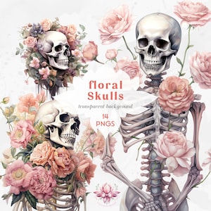 Floral Skeleton Clipart Set | Halloween Skeleton Victorian Style PNG | Skulls Flowers Clipart | Halloween Skull  PNGs Transparent Background