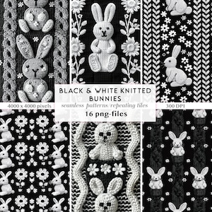 3D gestrickter Osterhase nahtloses Muster | Faux-Strick-Wiederholungsmuster Ostern | Schwarz-Weiß-Ostermuster | Florale Frühling-Goth-Muster