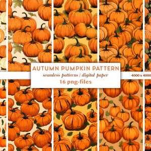 Nahtloses Muster mit Herbstkürbis | Digitales Papier Kürbis | Kürbisse Papier download | Endloser Hintergrund mit Kürbismotiv in Orange PNGs