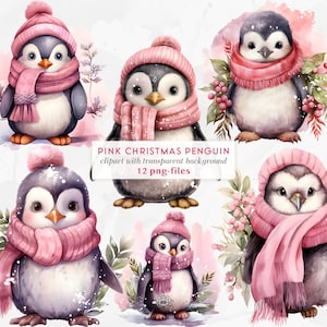 Simpatico clipart pinguino di Natale rosa / Natale acquerello rosa / Natale per ragazze / Clipart animali natalizi carini / ClipArt inverno rosa