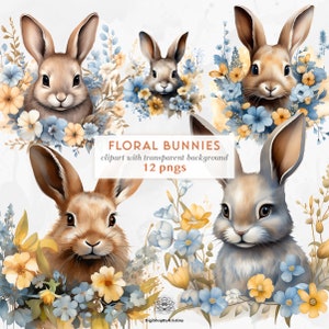 Cute Floral Bunnies Clipart | Easter Bunny Clipart Cute Animals | Watercolor Bunny with Flowers | Watercolor Easter Clipart PNGs Download