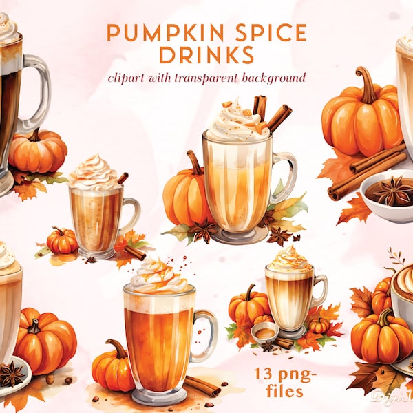 Pumpkin Spice Coffee Drinks Clipart | Pumpkin Spice Latte Clipart | Coffee Drinks PNGs | Autumn Coffee Drinks PNG Download | Pumpkin & Leafs