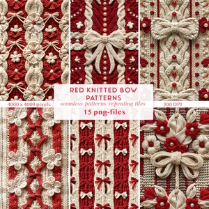 3D gestrickte Schleifen rot nahtlose Muster | Faux-Strick Schleifen Muster | gestrickt Digitales Papier PNGs | Florales 3D Blumenmuster PNGs