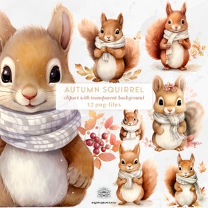 Cute Little Squirrels Clipart Set | Watercolor Squirrel Pngs | Autumn Animals Clipart | Autumn Squirrel with Scarf | Adorable Squirrels PNGs