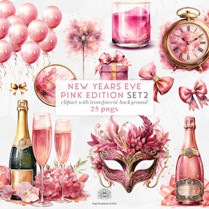 Rosa Silvester Clipart Set 2 | Frohes neues Jahr Clipart | Rosa Party-Clipart-Set | Jubiläumskartenherstellung rosa PNG| Rosa Silvester Deko